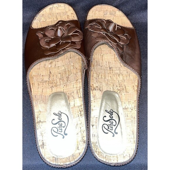 Pure Sole Sandals brown leather with flower accent on the top Women Sz 8 - Picture 2 of 11